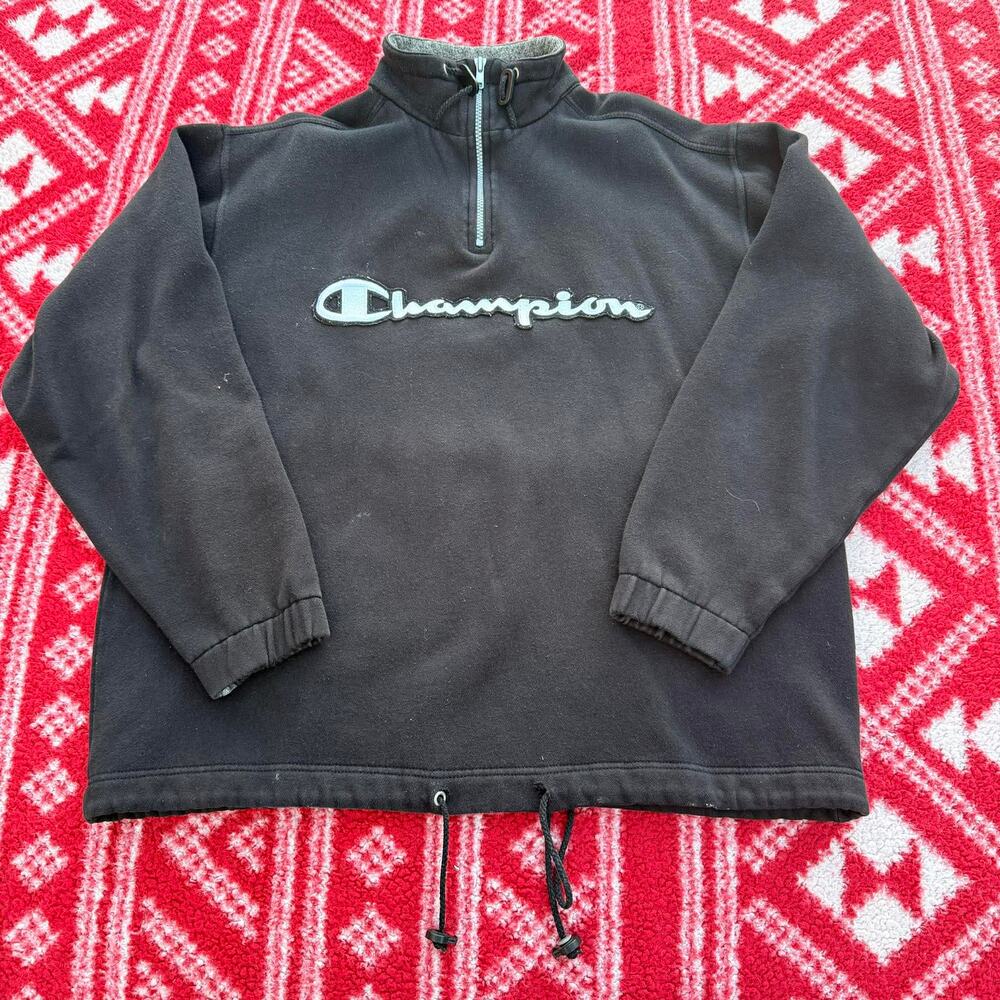 Vintage Champion USA 1/4 Zip Fleece Sweatshirt Medium Black Drawstring Hem